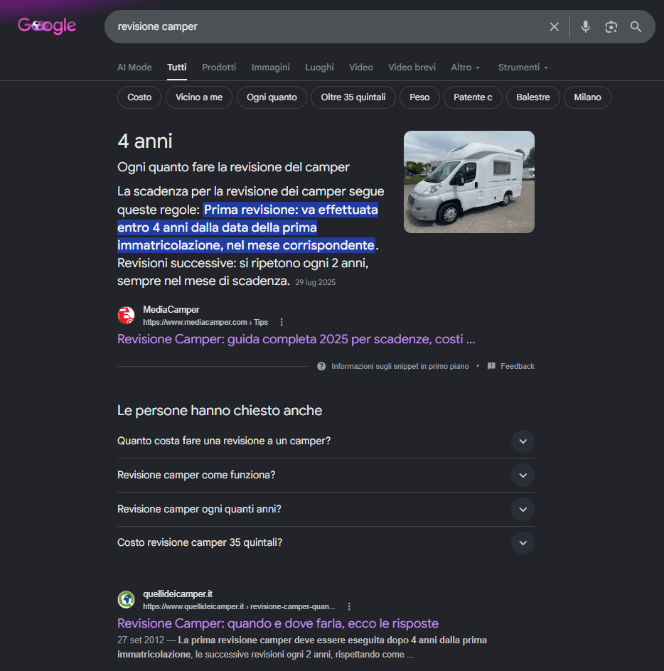 Google Search Console di MediaCamper con i risultati ottenuti per le query revisione camper, costo revisione camper e revisione camper ogni quanto